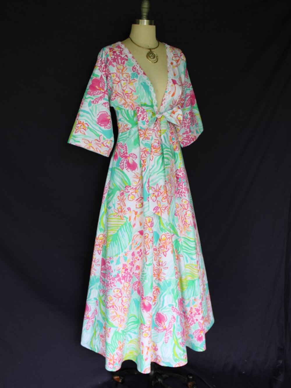Lilly Pulizer Rare custom maxi dress gown ORCHID caftan tunic kimono Lace trim S - Picture 5 of 10
